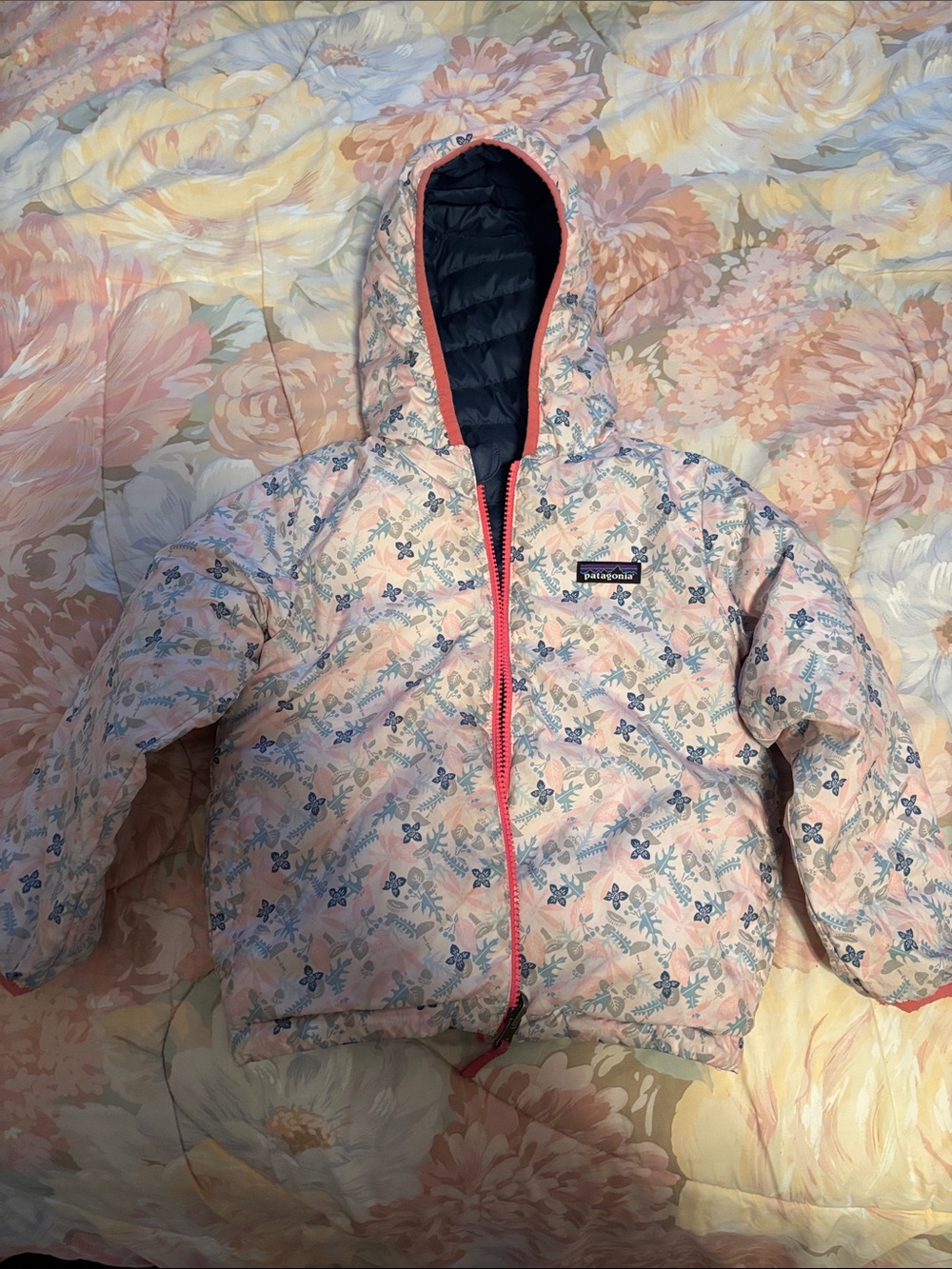 Patagonia Pink Floral/ Navy reversible Hooded Puffer Jacket with Coral Trim